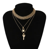  Edgy Multi-Layered Lock and Key Necklace 