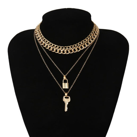 Edgy Multi-Layered Lock and Key Necklace