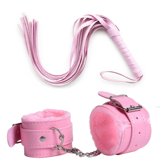 Cutesy Pink Fuzzy Hand Cuffs and Whip Set