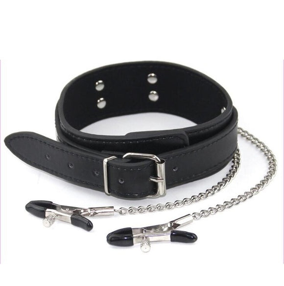 Leather Slave Collar With Nipple Clamps