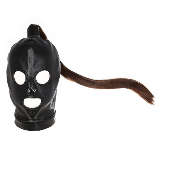 Leather BDSM Face Mask With Ponytail
